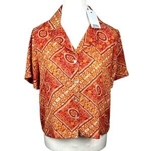 Rose Olive Print Blouse Orange Red Collar Button Up ShortSleeve Women Size Small
